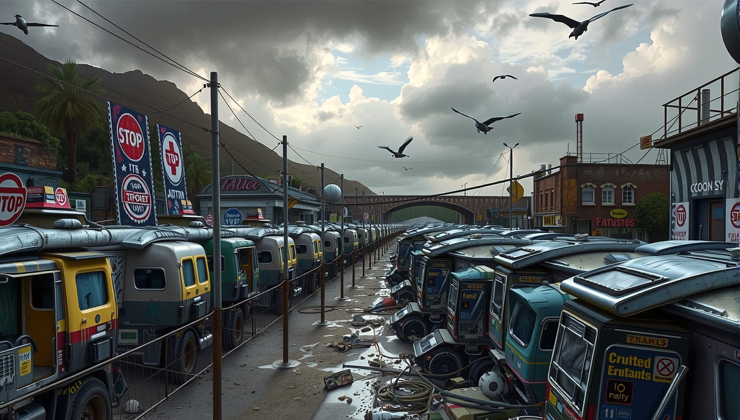 Auto-Rickshaws Lined Under Clouds