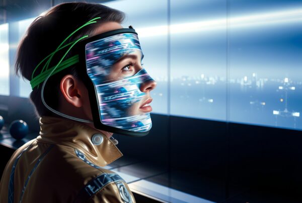 A futuristic individual wearing a digital mask looks out at a neon-lit cityscape through a large window, symbolizing advanced technology and innovation.
