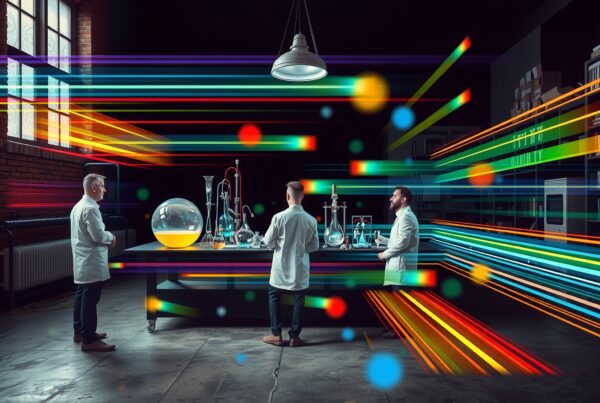 Three scientists conduct futuristic experiment in a vibrant, multicolored laboratory setting.