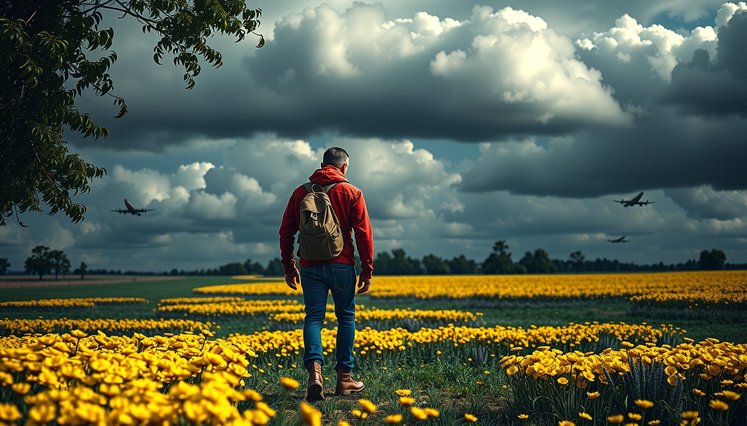 Man Walking Through Flower Field