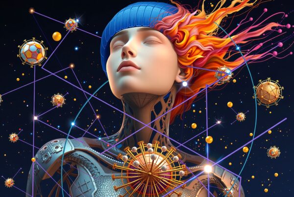 Futuristic robot in cosmic digital space.