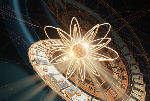 A glowing sphere with golden loops and intricate circular structures depicts futuristic energy technology.