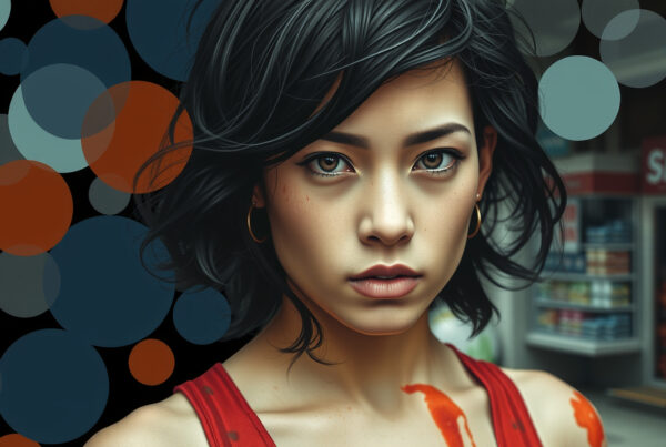 Woman with red stains stares intensely in urban setting