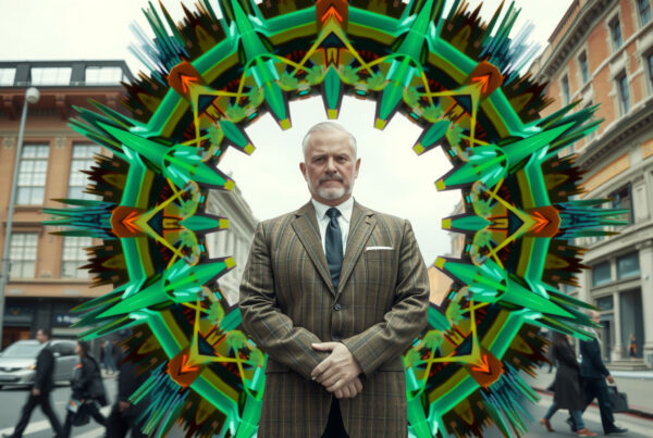 Elderly businessman standing through futuristic green portal on busy city street