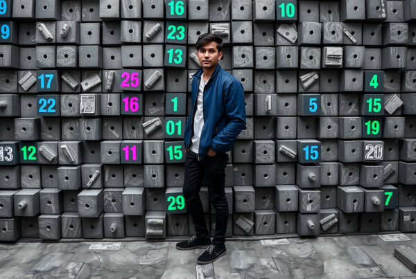 Young man standing before numbered cube wall art