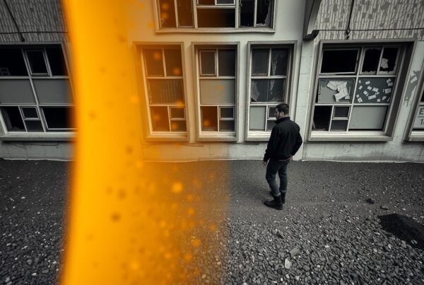 Man standing by windowed building with vibrant orange overlay.
