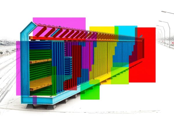 Vividly colored shipping container fence against snowy landscape with abstract overlays.