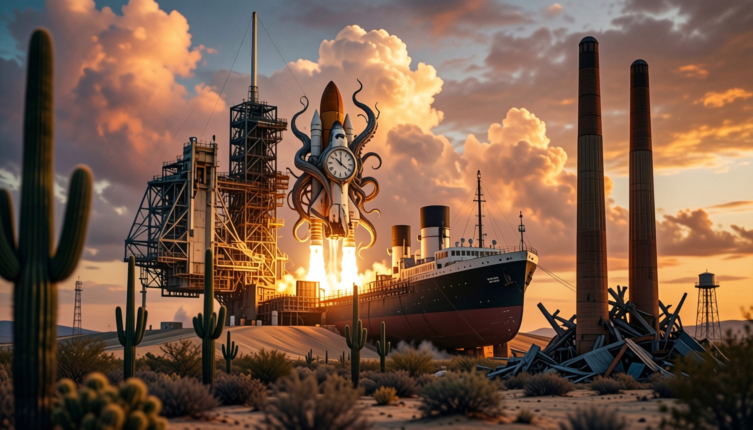 Surreal Launch in Desert Landscape