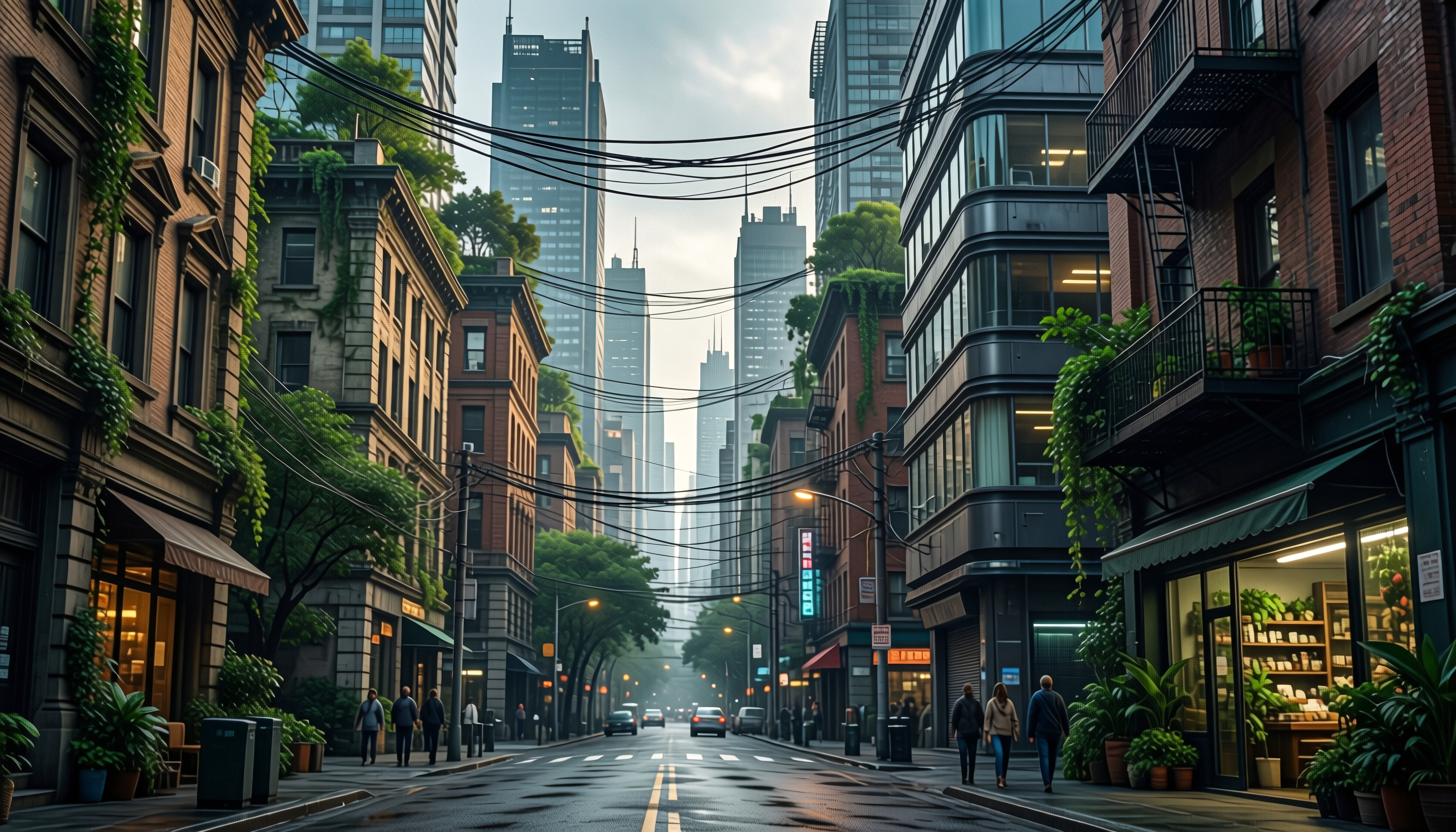 Modern City Architecture with Overhead Wires