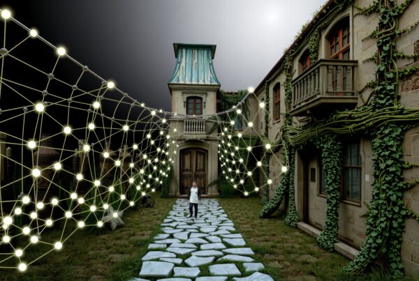 Old mansion with glowing network above.