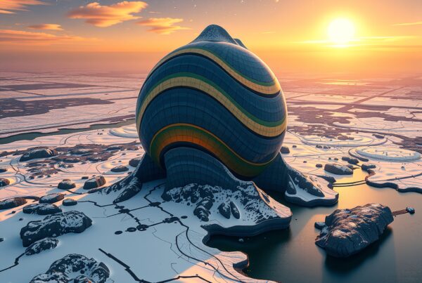 Futuristic building in snowy landscape at sunset with visible planets.