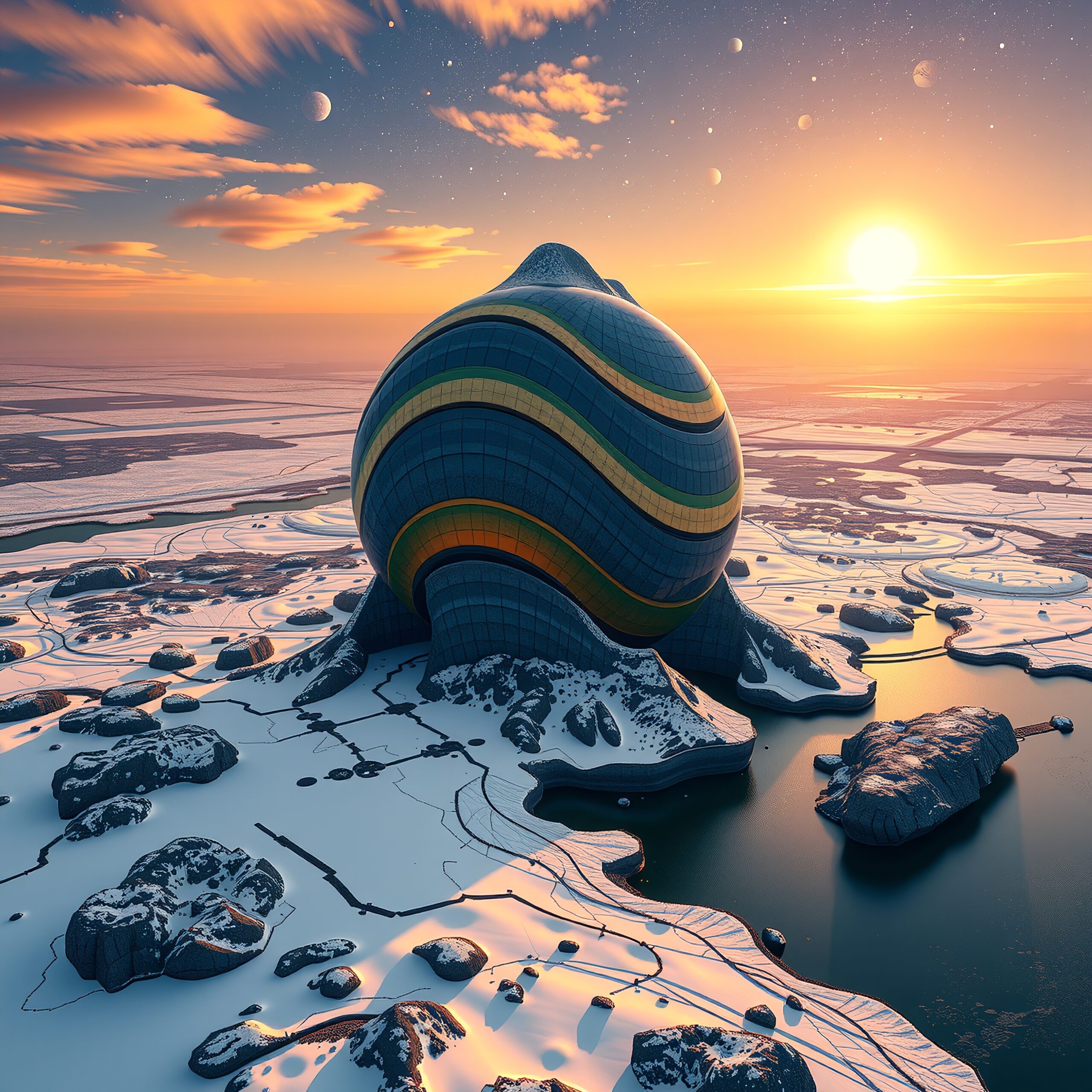 Futuristic Spherical Structure at Sunset