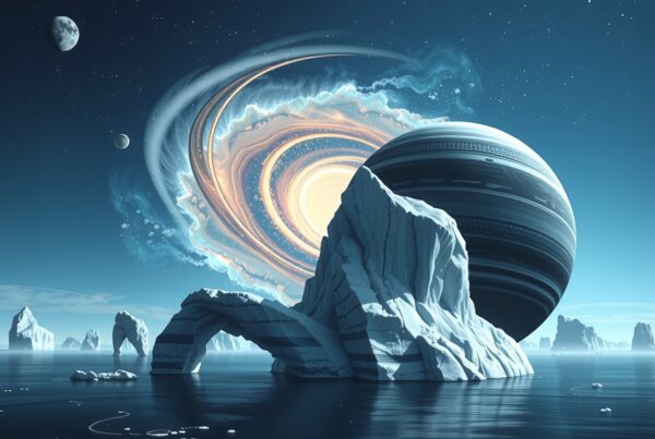 Cosmic scene with icy landscape, giant planet, starry sky, and spiraling galaxy.