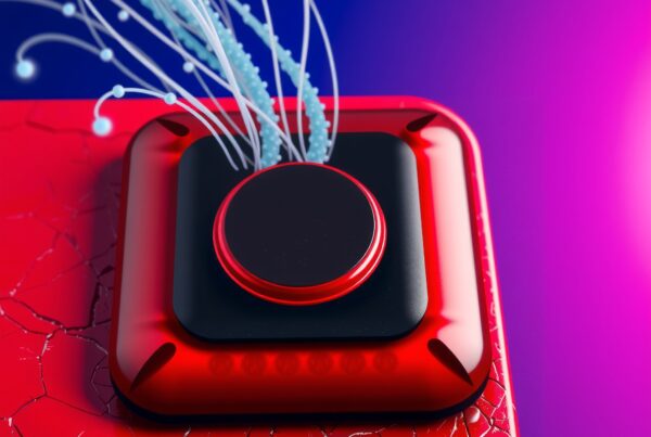 A futuristic device with glowing strands on a vibrant, cracked red surface against a blue and purple background.