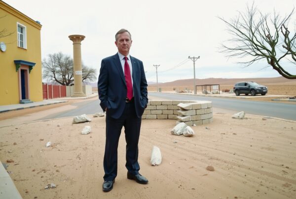 Businessman standing alone in desert near colorful building and parked car