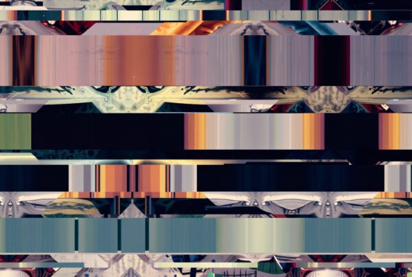 An abstract artwork featuring colorful horizontal bands and intricate patterns, creating a dynamic and mesmerizing visual effect.