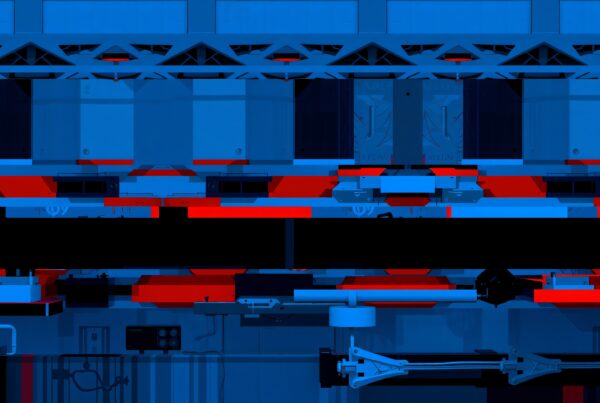 An abstract design with blue and red geometric shapes, creating a futuristic and mechanical aesthetic.
