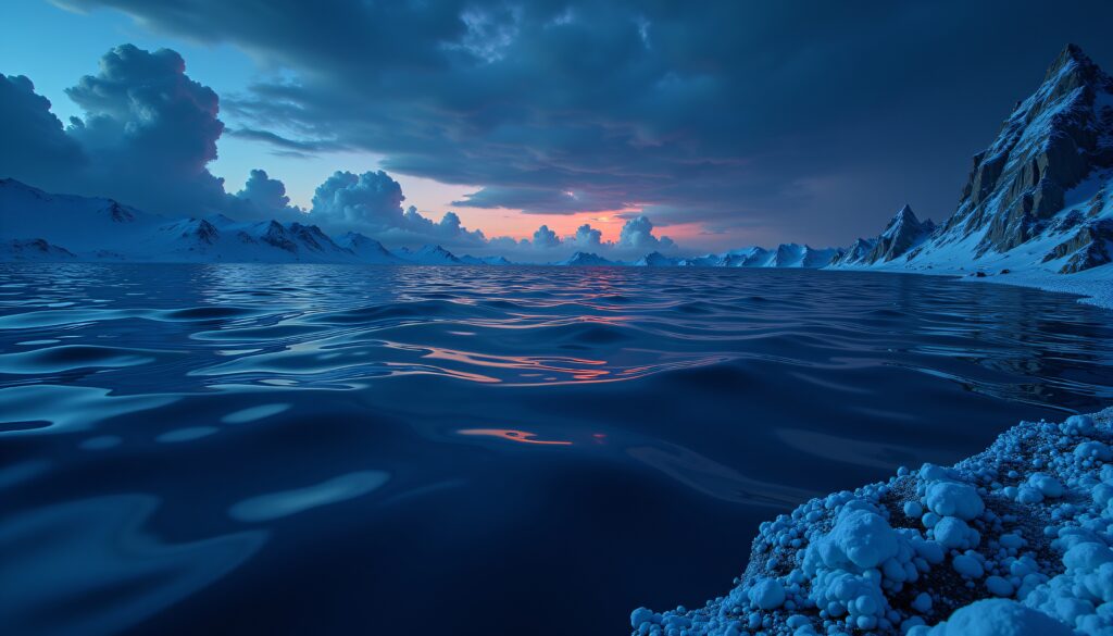 Arctic Frozen Lake Sunset with Snow-Capped Mountain Range