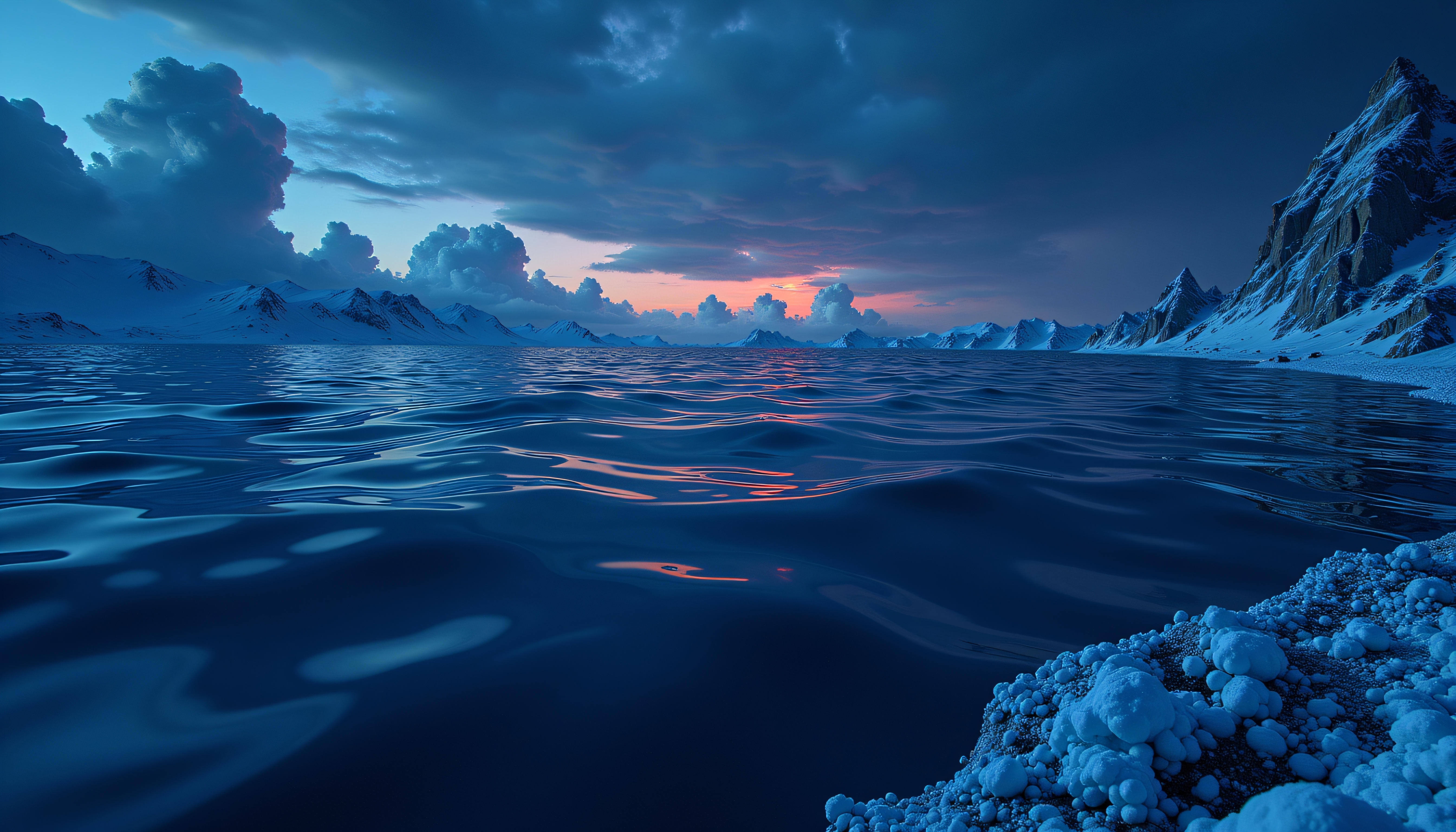 Arctic Frozen Lake Sunset with Mountain Range