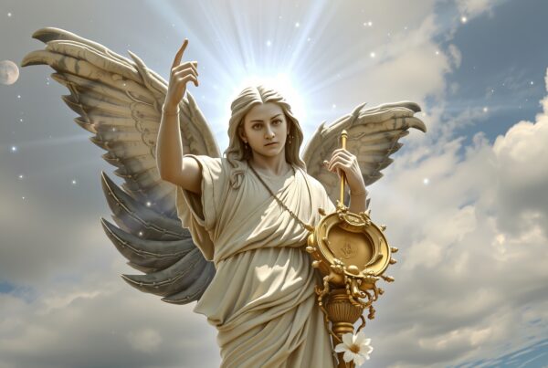 A divine angel with glowing wings, halo, and golden object in the sky.