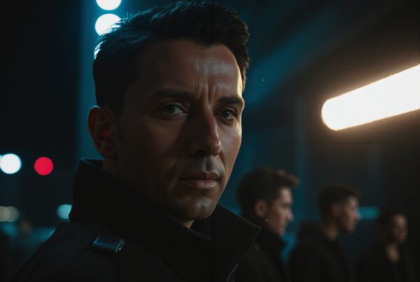 Dramatic portrait of a man at night with blurred background figures in an urban setting.