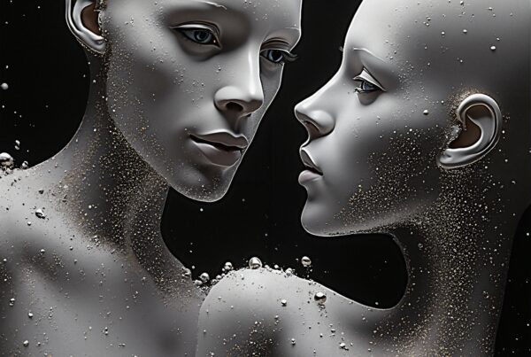 Futuristic humanoid figures with reflective metallic skin in darkness.