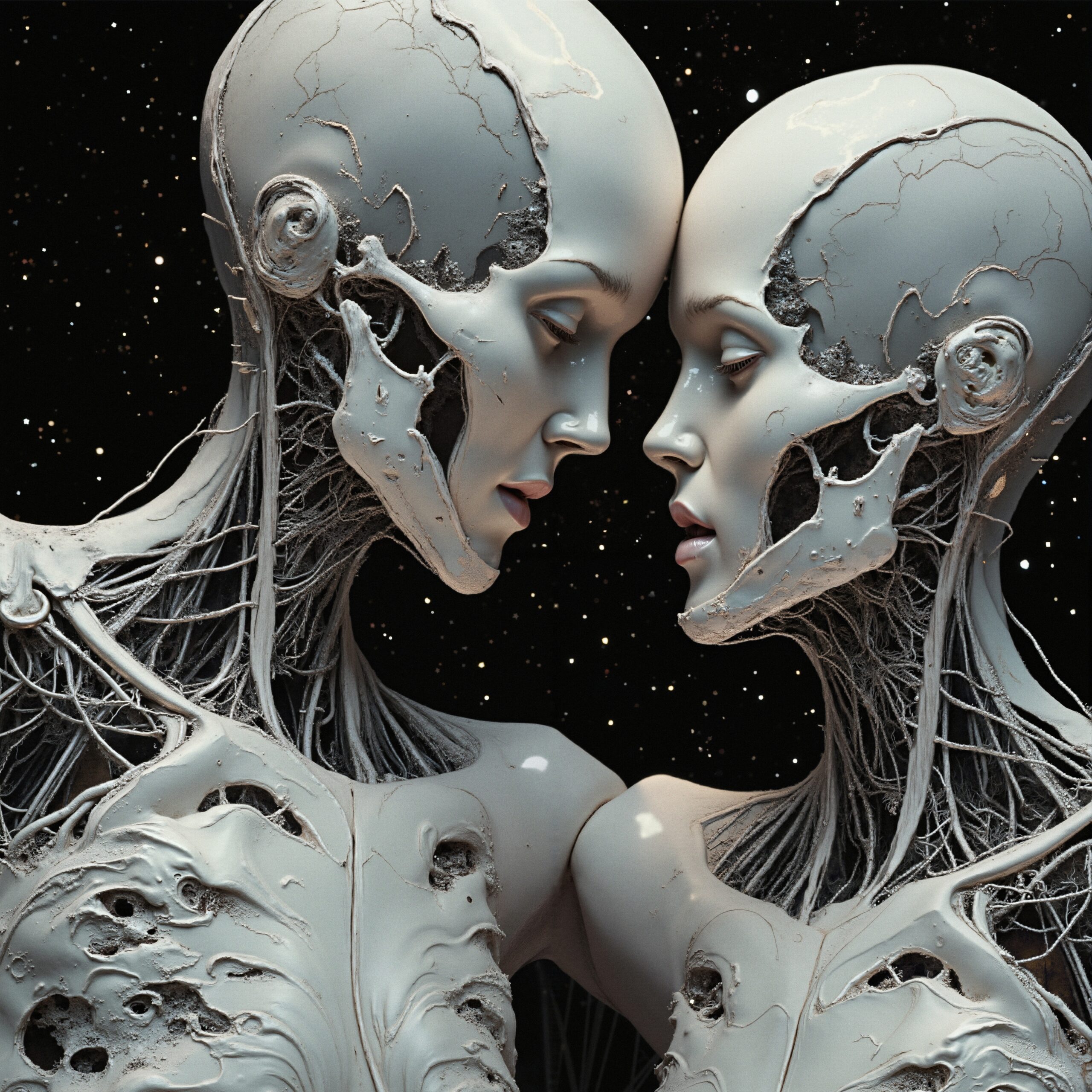 Ethereal humanoid connection in space