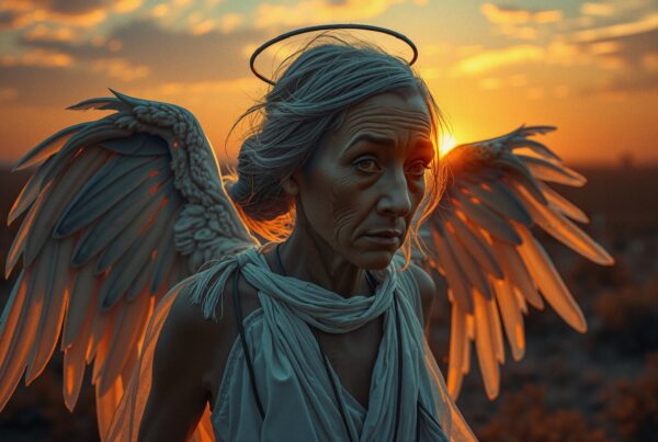 Ethereal angel with glowing wings against a vivid sunset backdrop.