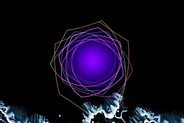 A vibrant abstract composition featuring a luminous purple sphere surrounded by colorful geometric patterns against a dark backdrop.