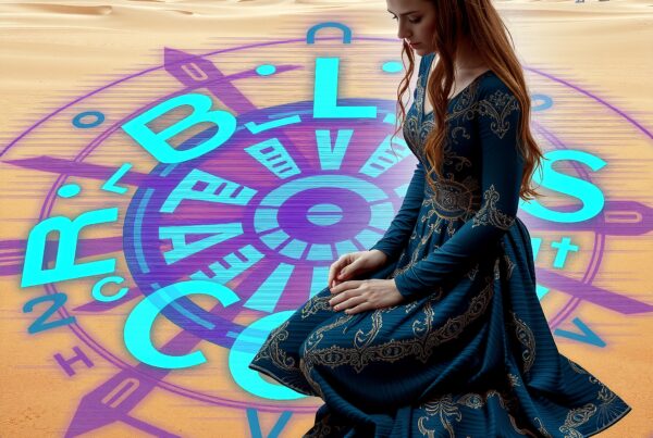 A woman in a blue gown sits on a large, colorful compass set in a desert landscape, wearing a floral crown, against a dramatic sky.