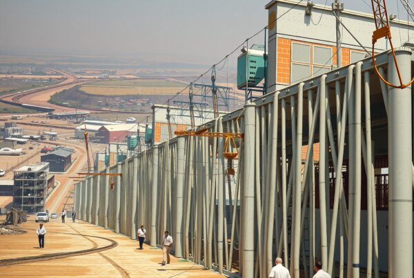 Industrial worksite with tall metallic structures, workers walking on sandy terrain, and distant buildings under a clear sky.