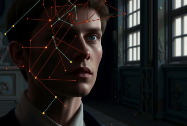 A young man stands in a dim room with colorful lines and dots overlaying his face, creating a futuristic and technological impression.