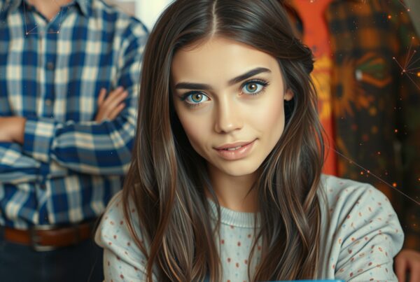 Young woman using a futuristic tablet in a tech environment.