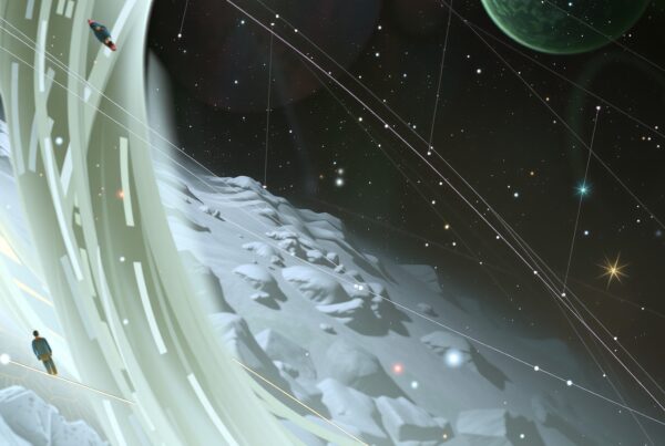 A surreal futuristic landscape with cosmic elements, featuring a green planet and figures exploring a snowy terrain.