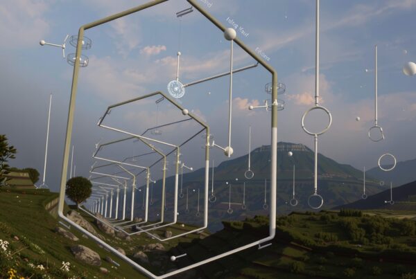 A surreal landscape with geometric structures hovering over green hills and a calm sky.