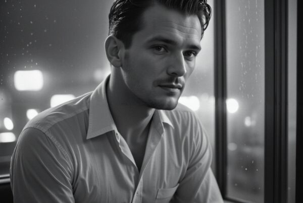 A man gazes out a rainy window, lost in thought, city lights blurred behind.