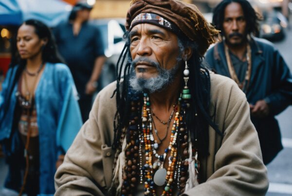A man with a turban and beads stands in a bustling street scene with people in the background.