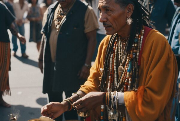 Man performing ritual on busy street, wearing traditional clothing and surrounded by onlookers.