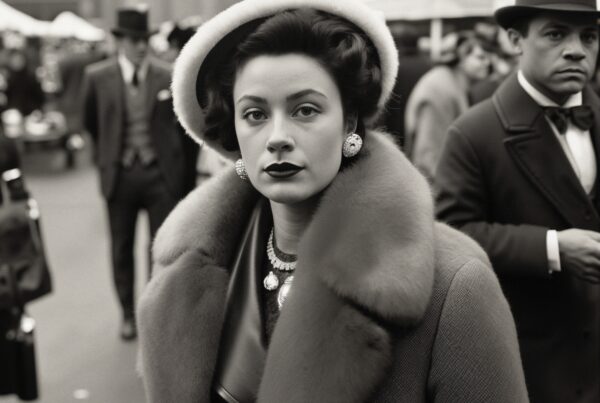 Vintage fashionista wearing a fur coat in bustling street market.