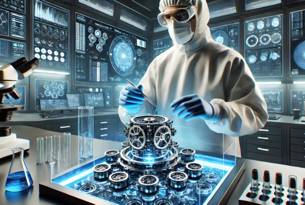 A scientist in a futuristic lab manipulates a mechanical device with precision tools, surrounded by data screens.