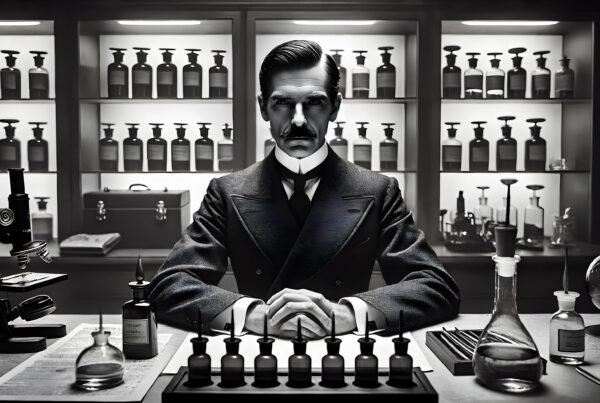 Monochrome image of a vintage scientist in a laboratory with symmetrical glass bottles, microscope, and equipment.