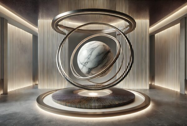 Marble sphere encased in rings, featuring modern interior design.
