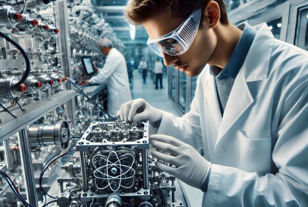 Young scientist examines intricate device in high-tech lab.