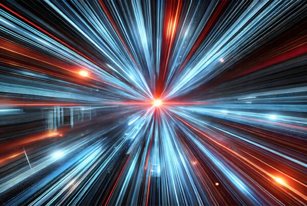 Futuristic beams of light converge into a central glowing point, creating a sci-fi inspired motion effect.