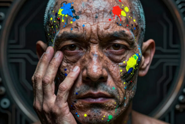 Elderly artist painted face in colorful chaos near mechanical backdrop
