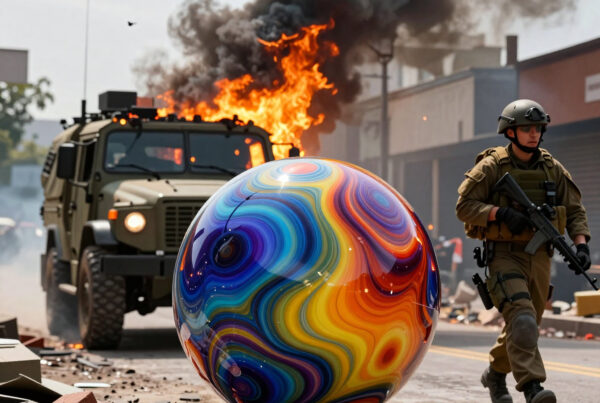 Soldier walks past fiery wreck beside psychedelic orb in ruined cityscape