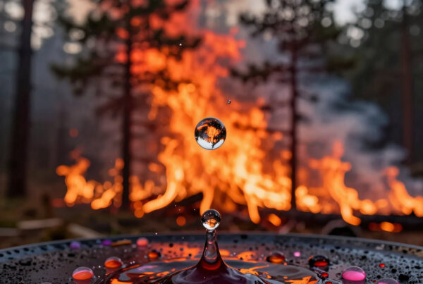 Water droplet reflecting wildfire over dark pond surface during sunset