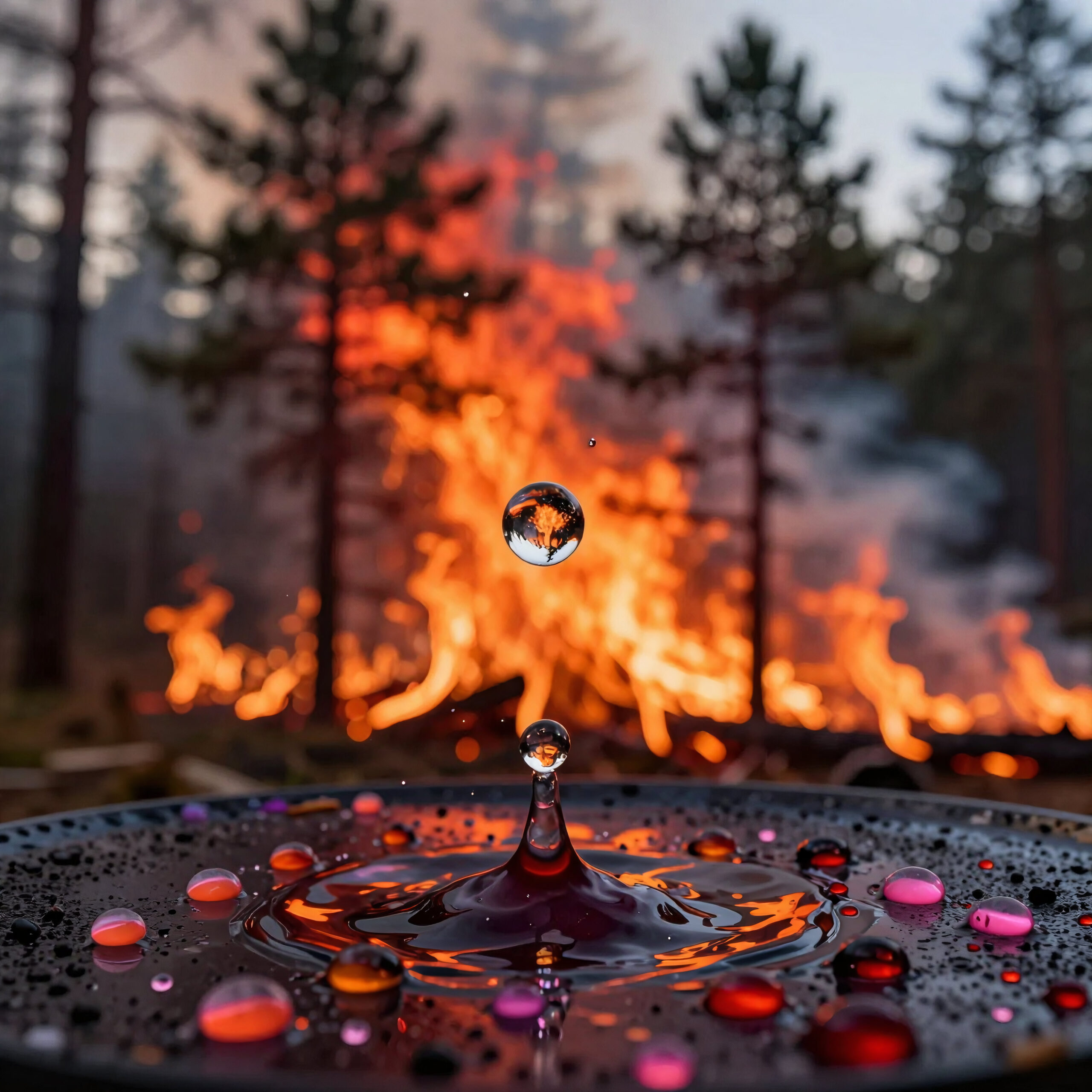 Droplet Mirror Over Fire
