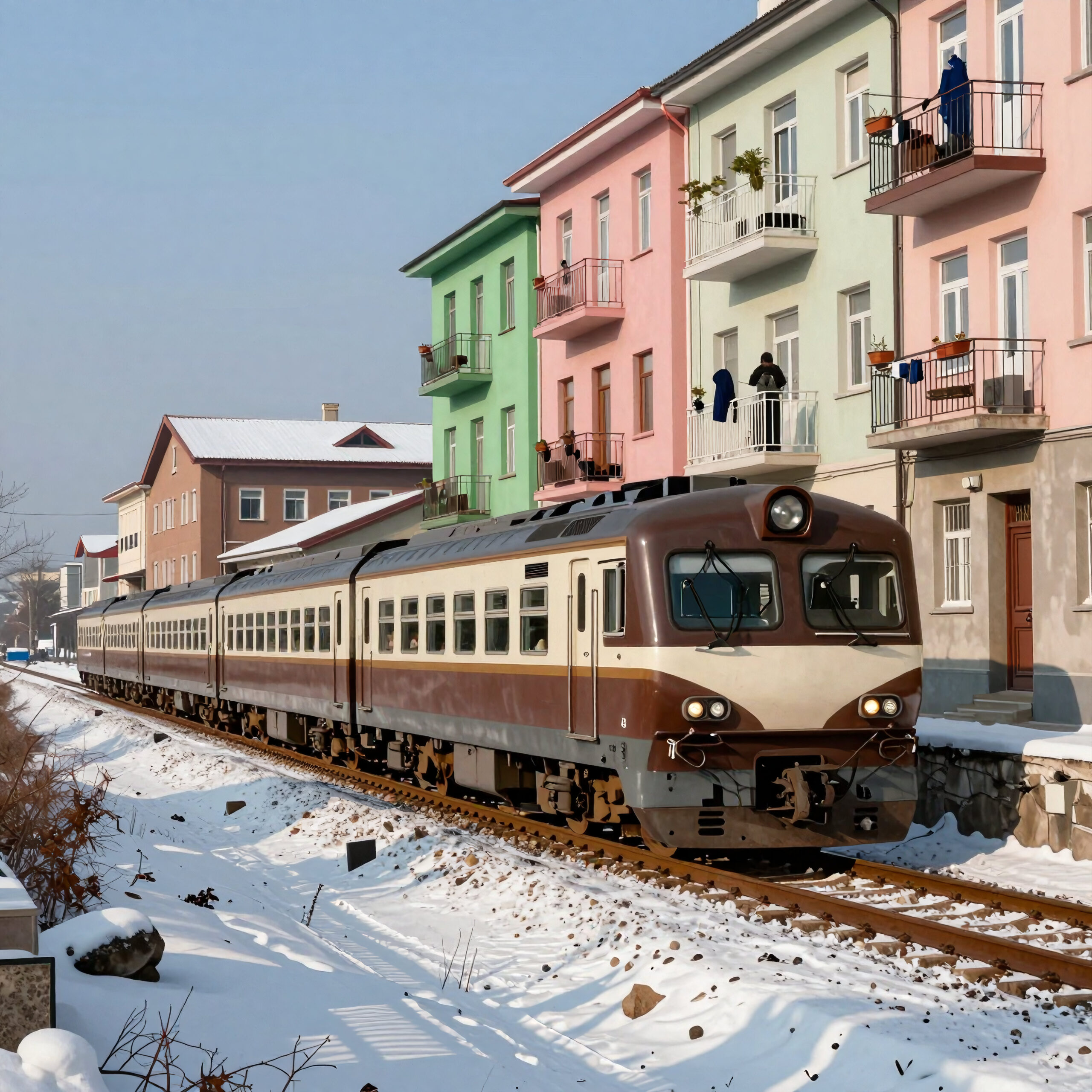 Winter Train Through Colorful Town