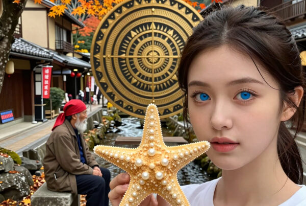 Girl holding pearl-adorned starfish near autumnal Japanese town scenery